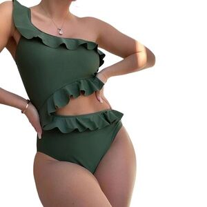 Live Life On The Beach Cutout One Shoulder Ruffle  One Piece Green Swimsuit M
